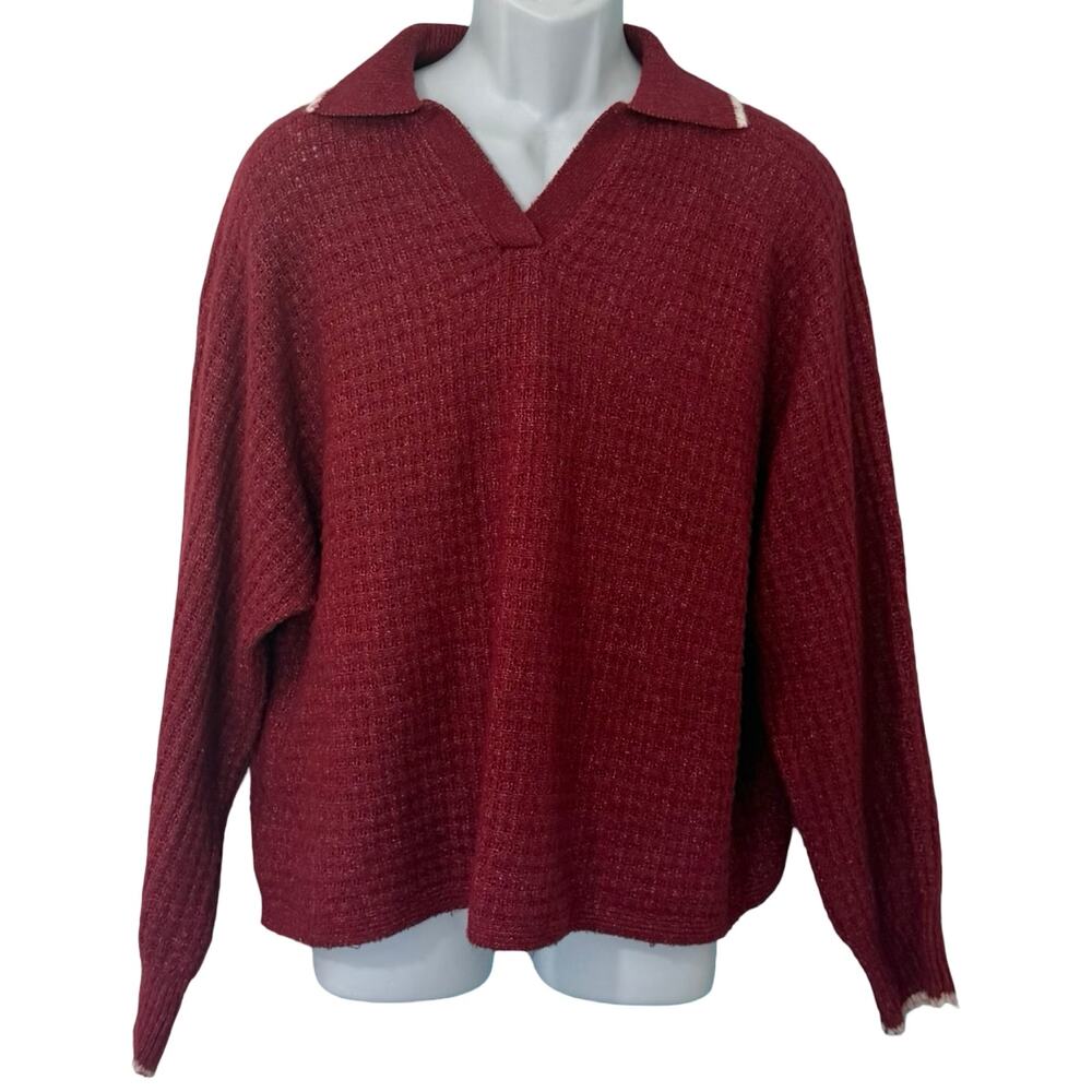Joseph A Maroon Red White Trim Johnny Collared Knit Shirt Light Sweater Size L